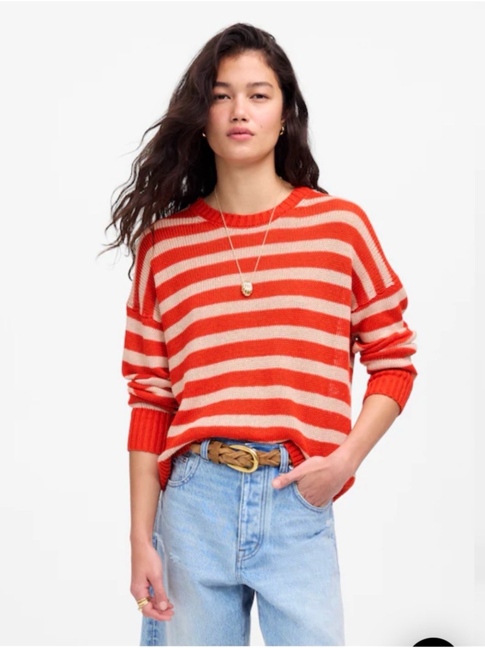 Madewell NWT Linen Striped Drop Shoulder Sweater Medium Red Whites